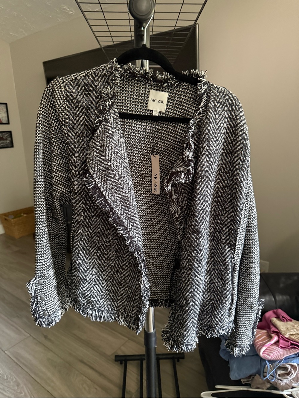 NIC+ZOE Black and White Herringbone Fringe Open-Front Cardigan